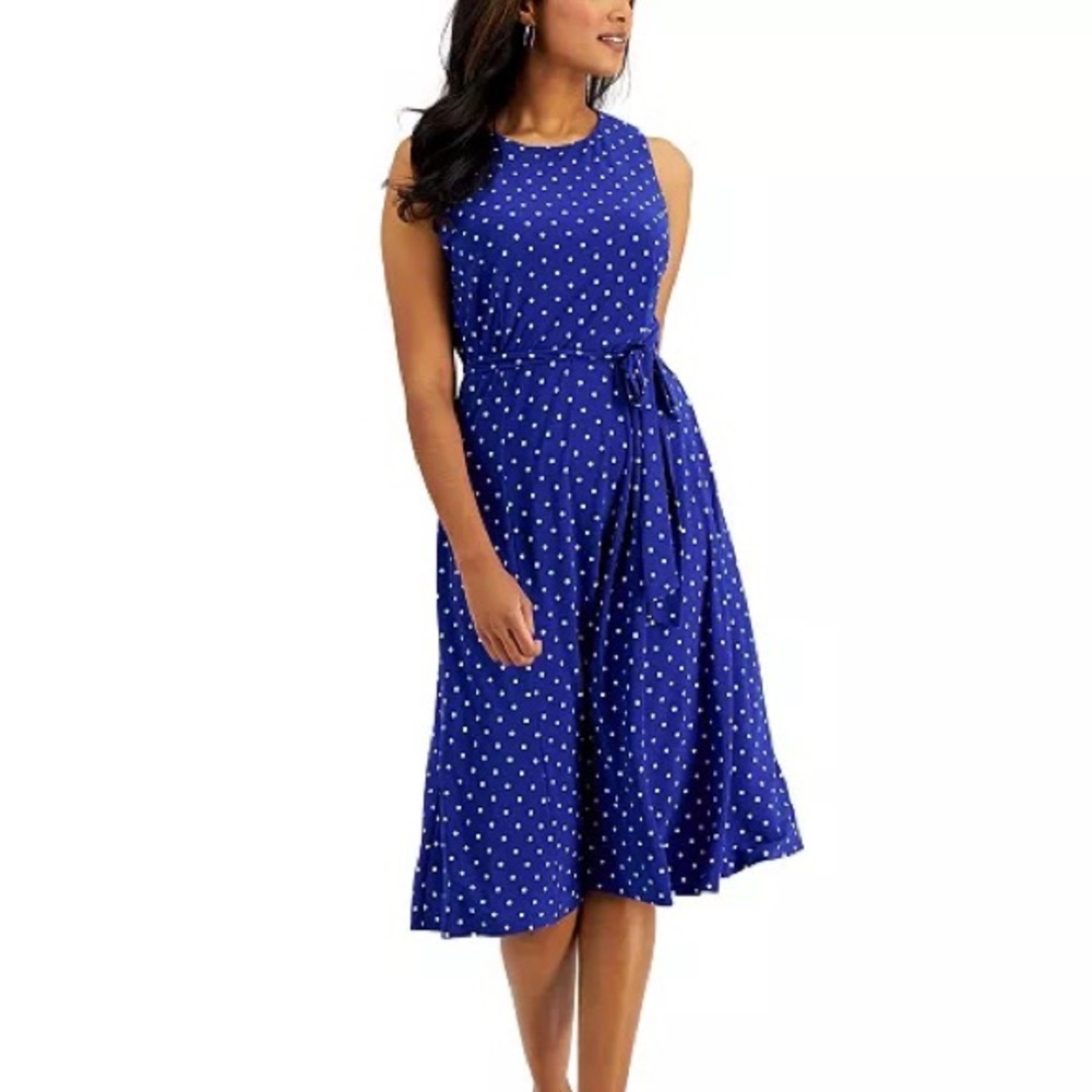 KASPER - Printed Belted Fit & Flare Dress Blue Polka Dot Sleeveless Midi